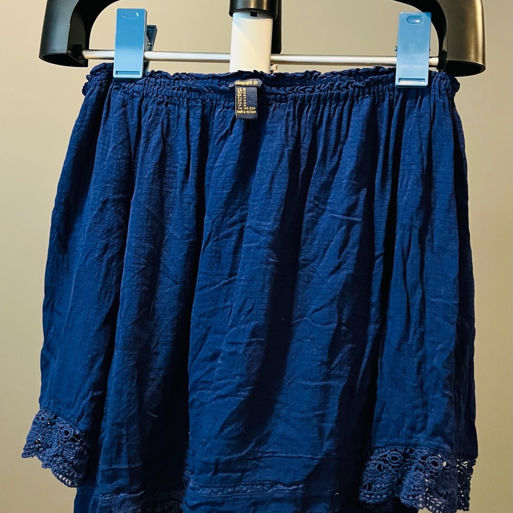 Elegant Blue Lace Trim Off the Shoulder Blouse